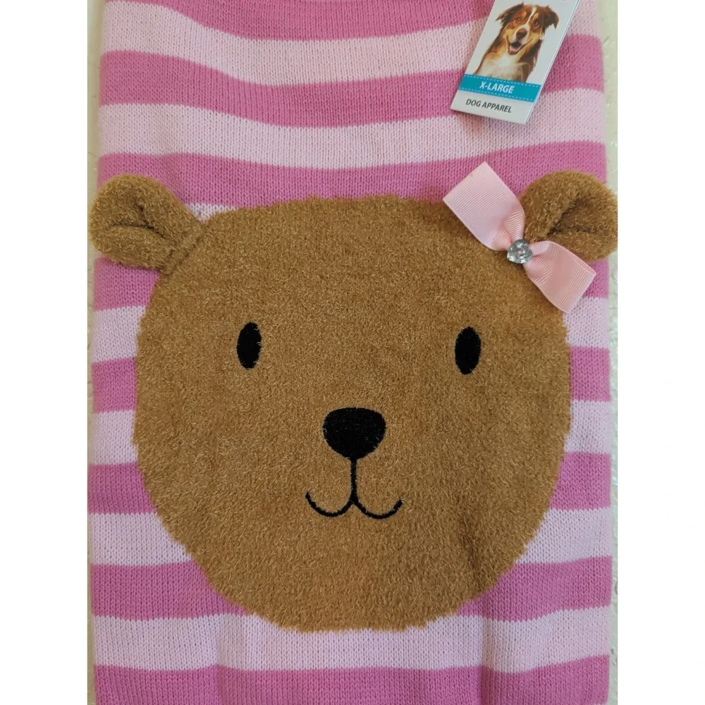 SimplyDog Pink Stripe Teddy Bear W/ Bow Dog Sweater XL Pet Apparel